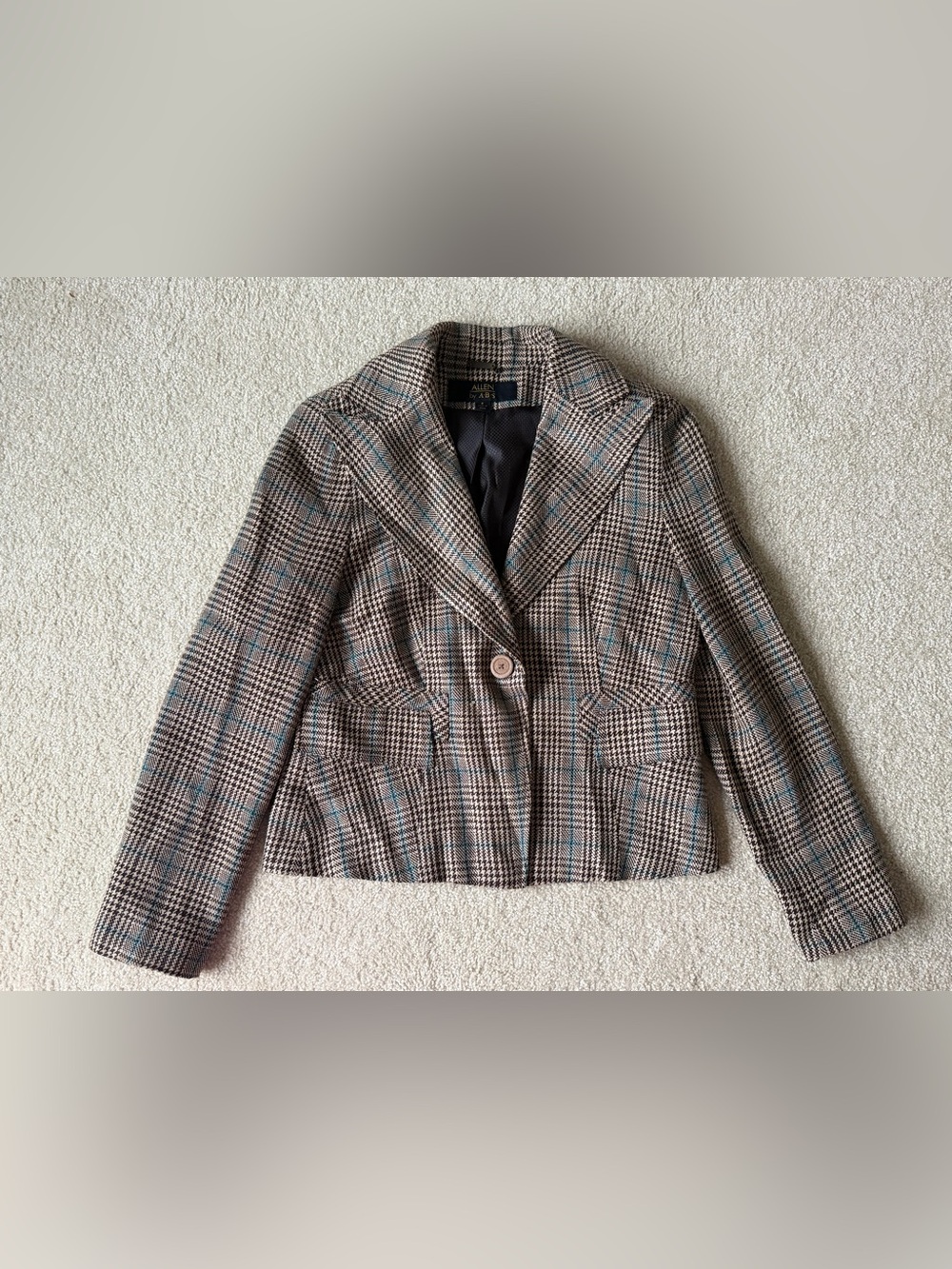 Allen by ABS Women’s Tan Brown & Blue Houndstooth + Plaid Blazer Size 8